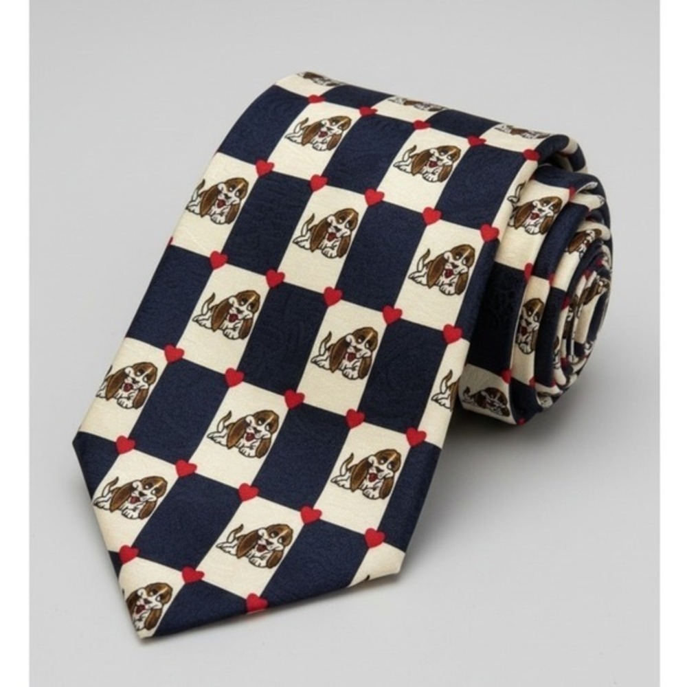 Vintage Valentines Day Basset Hound Puppy Love Navy‎ Silk Novelty Tie Cedax